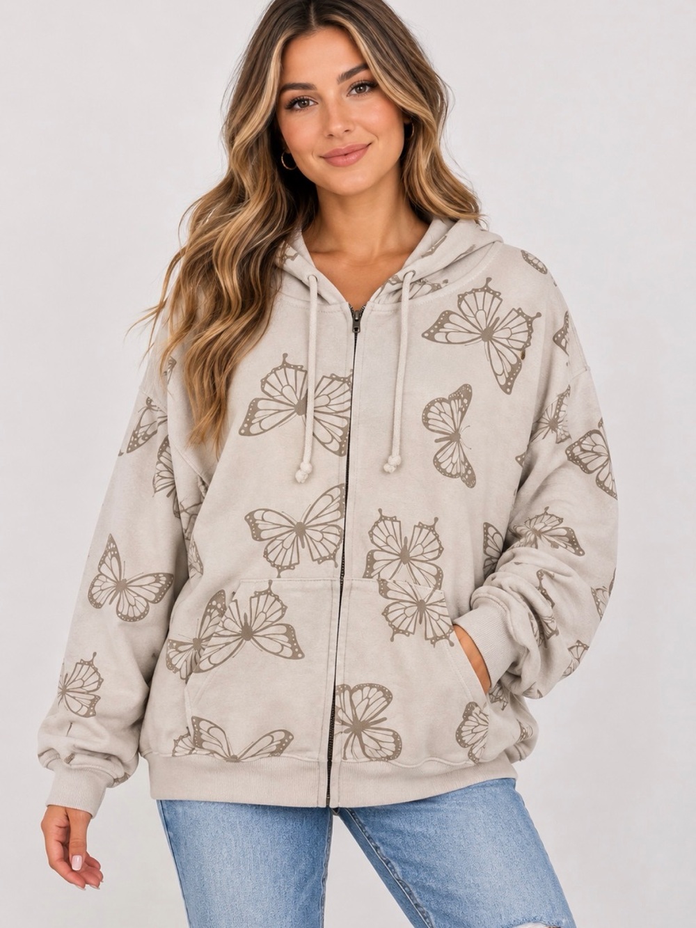 Sonoma Women’s Butterfly Print Zip-Up Hoodie Jacket in Cream